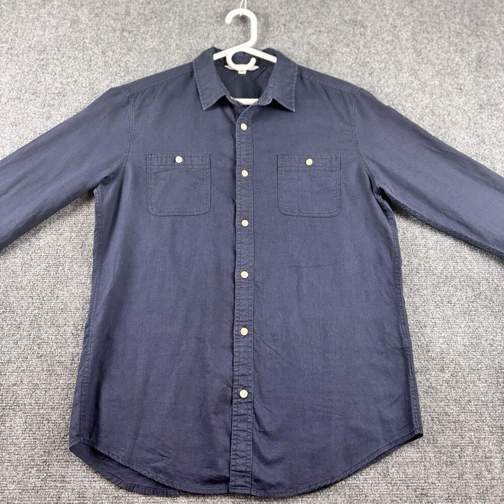 TOPTEN Shirt Mens Large L Navy Linen Cotton Blend Work Shirt 2 Pocket 100 DNV